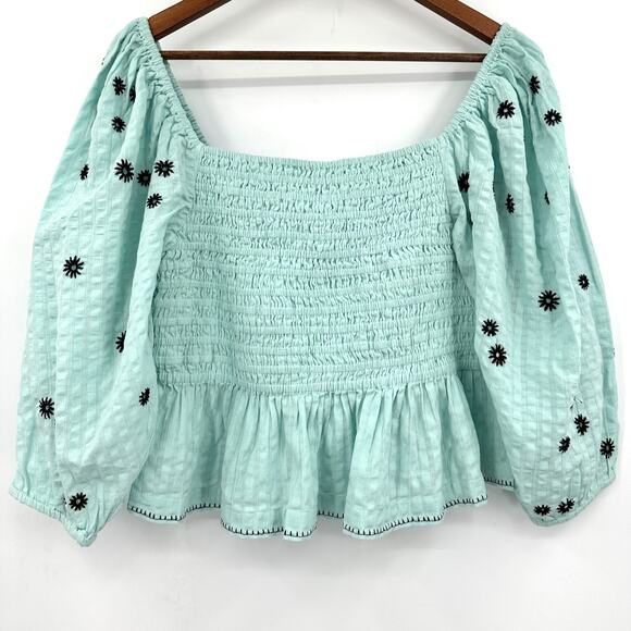 Tanya Taylor Emma Top Aqua and Navy Smocked Top with Balloon Sleeves Ruffles Med - Picture 6 of 11